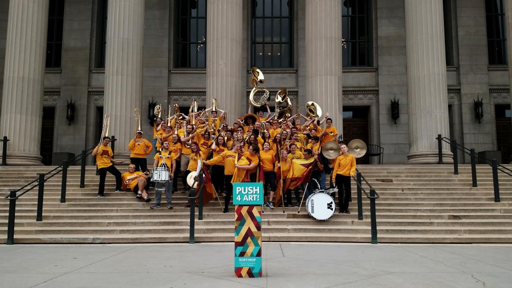 UMN Marching Band on Northrop's steps.