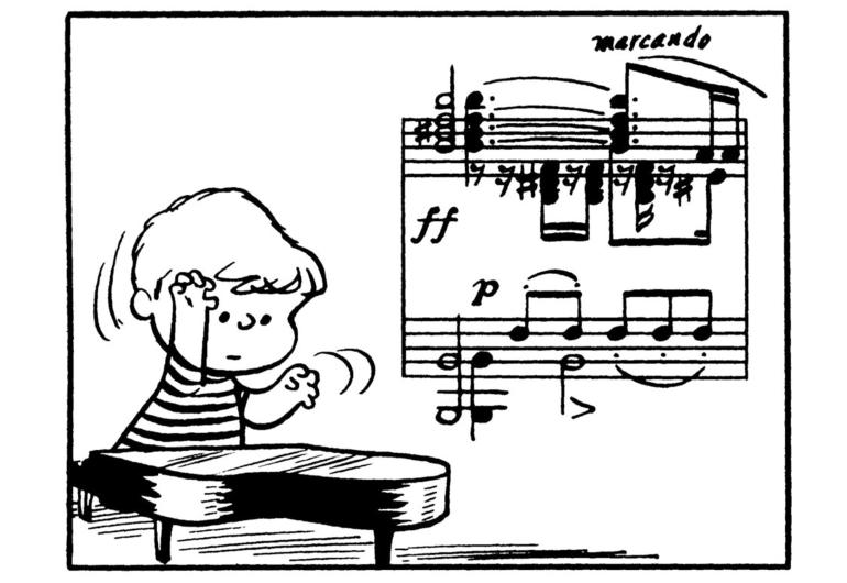 Drawing from Peanuts creator Charles Shultz of Schroder at the piano playing Beethoven
