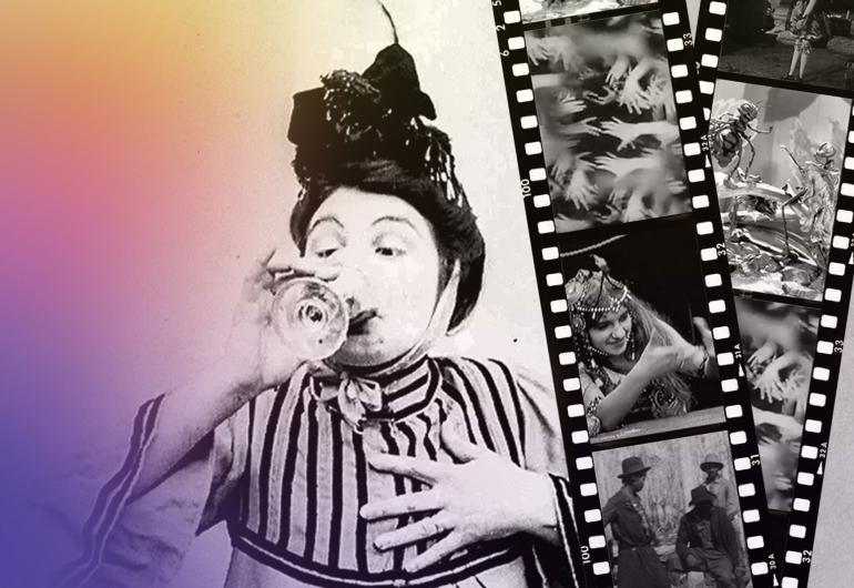 Film still of woman drinking from a wine glass - films strips of silent movie stills on the right