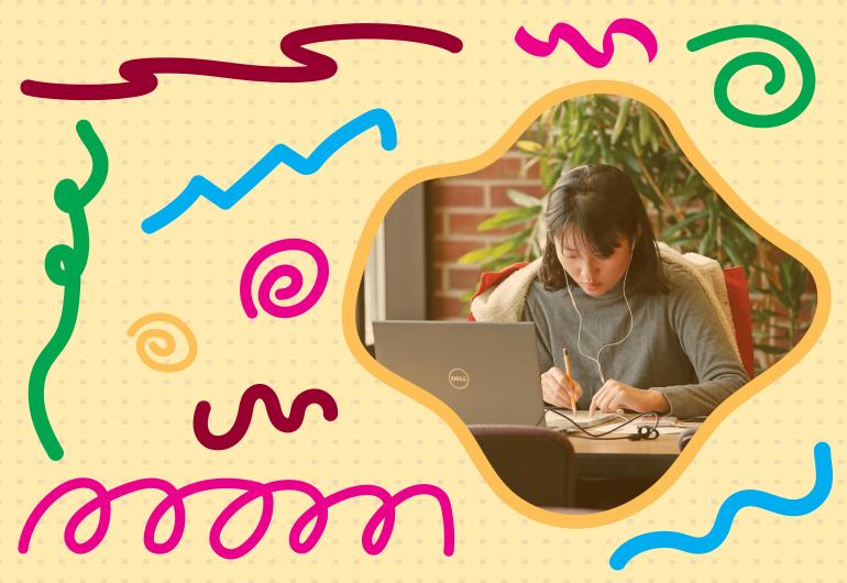 Color swirls and graphics around photo of student studying with laptop