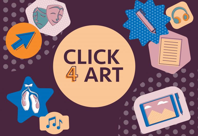Click-4-Art logo that features a purple background with different shapes and graphics on it. The main graphic is a tan circle with the words “Click 4 Art” on it. The image also features a mouse, pointe shoes, headphones, a tablet, and other graphics. 