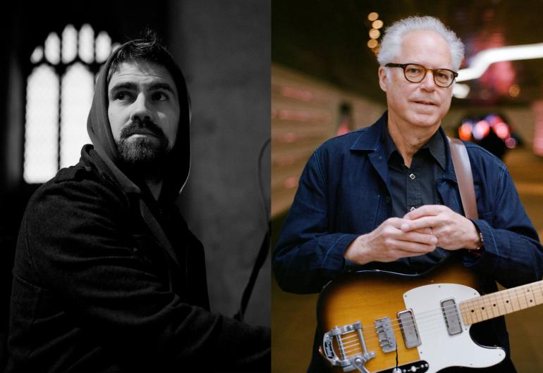 Split portraits of Kit Downes at the organ with a hood on, and Bill Frisell standing with a guitar on.