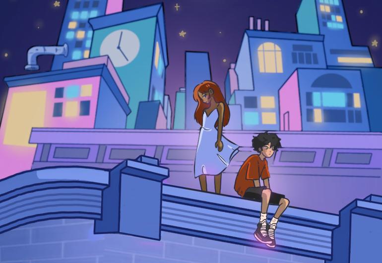 Illustration of two young people in a night time city environment