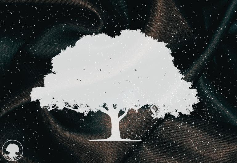 White silhouette of a tree against a dark swirling background