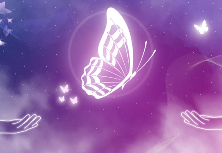 A large luminescent butterfly and two open hands on a purple background. 