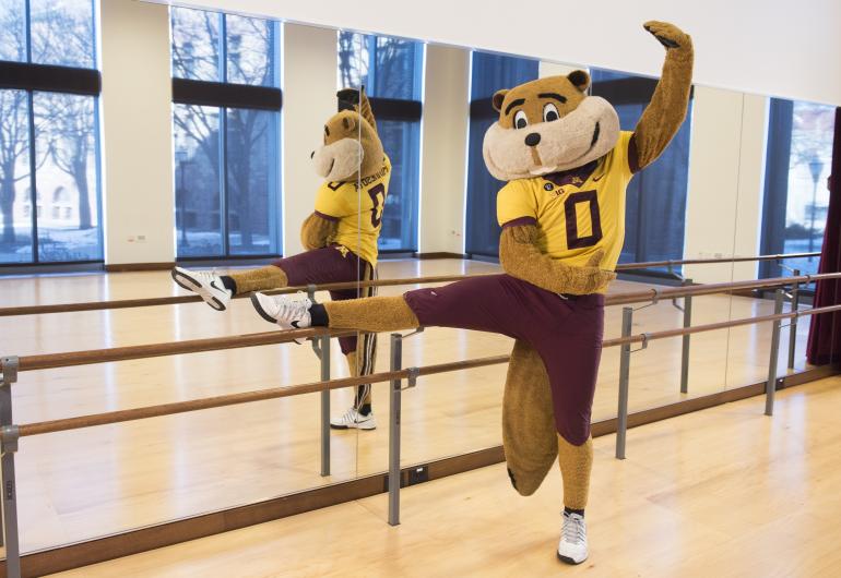Goldy in the rehearsal studio doing a ballet exercise