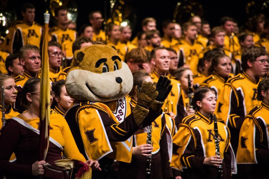 Goldy among the woodwinds of the U of M marching band