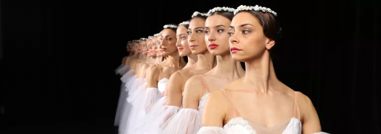 Corps de ballet in a line one behind the other looking to the side, a full view of the front dancer, the others look like a diminishing reflection of her