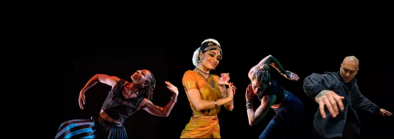 A collage with a solid black background, holds the images of 4 different dancers, each striking a different post with their arms