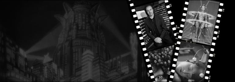 Film stills in a strip of the silent film Metropolis with organist Peter Richard Conte