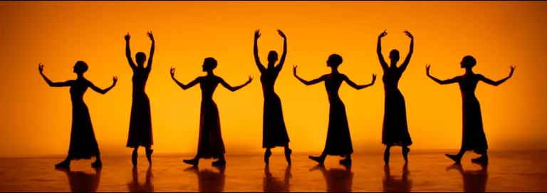 A stage is lit with a golden yellow hue, revelaing the shadows of seven dancers, four of which hold thier arms in a position parallel with the floor, three of which hold thier arms above their heads.