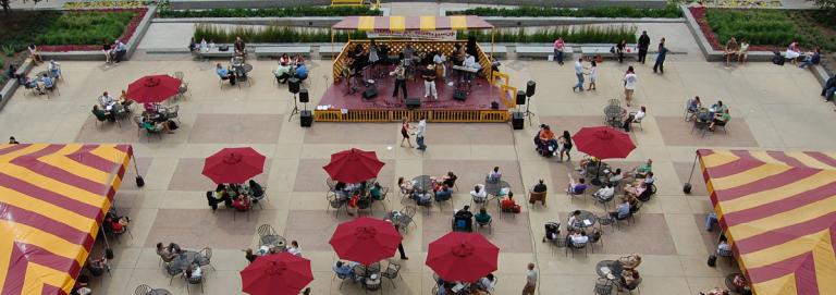 overhead view of stage and seating on the plaza