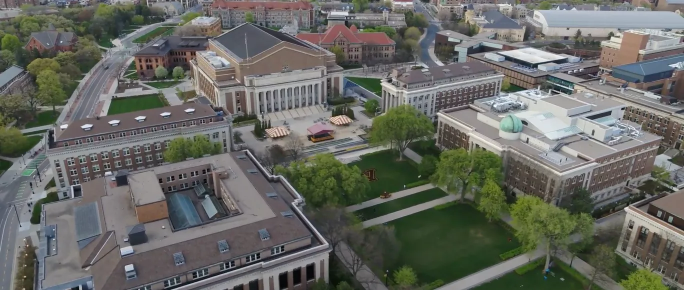 An aerial view of Northrop and the campus.