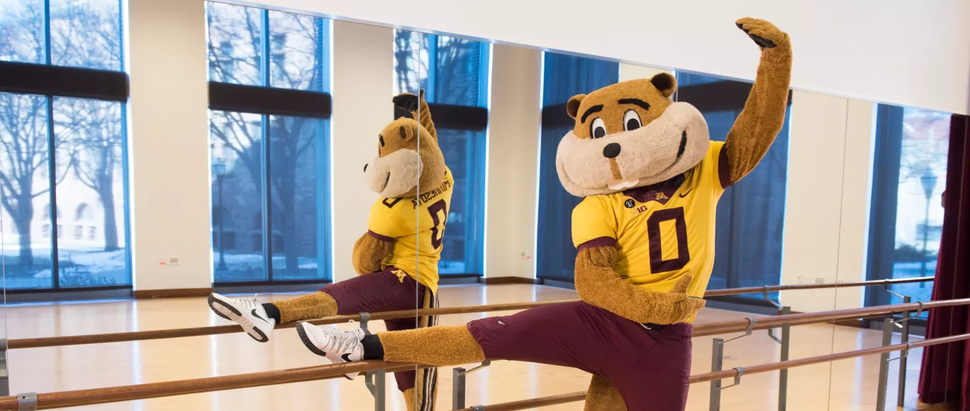 Goldy in the rehearsal studio doing a ballet exercise