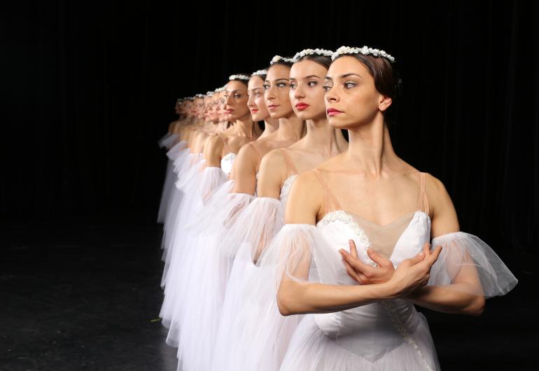 Corps de ballet in a line one behind the other looking to the side, a full view of the front dancer, the others look like a diminishing reflection of her