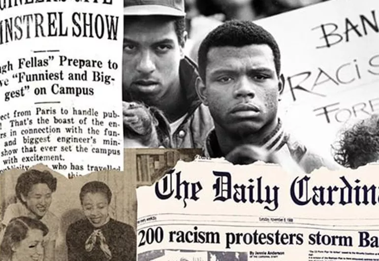 newspaper clippings mixed with images of black men and women protesting