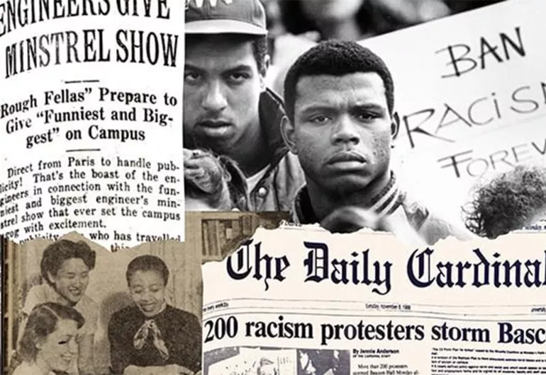 newspaper clippings mixed with images of black men and women protesting