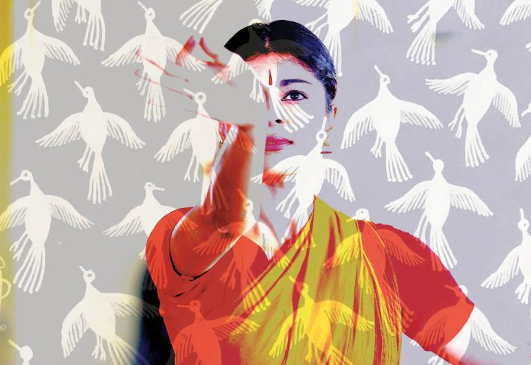 images of birds overlayed onto image of dancer with hand up in pinching gesture