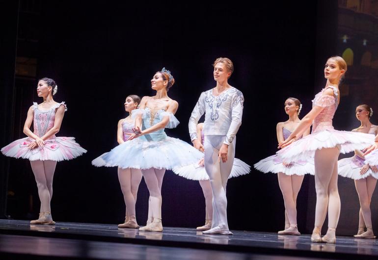 A group ballet dancers pose and smile from the stage