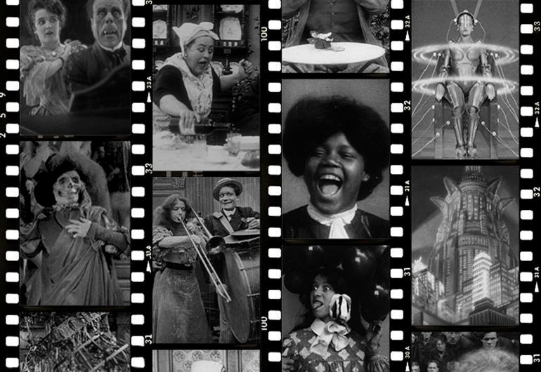 A collage of film strips of images from black and white films