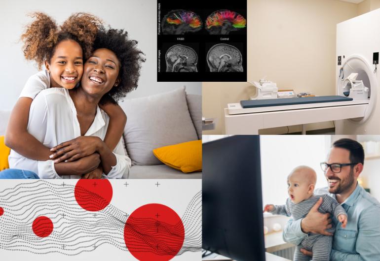 Collage of images: Smiling girl embraces a woman, smiling man holds a baby baby in front of large monitor screen, an MRI machine, and illustration of waves with red circles of varying sizes