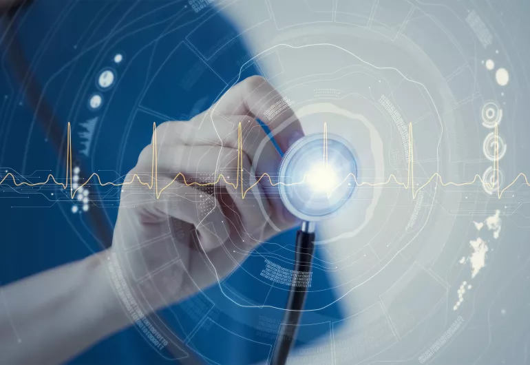 Graphic image of a stethescope overlayed with the graph of a medical monitor readout