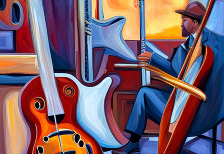 Colorful illustration of jazz instruments and a musician