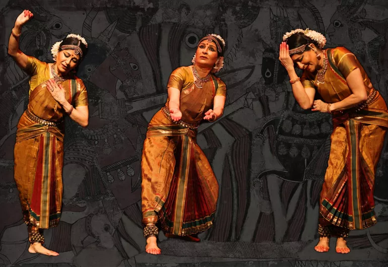 Ranee Ramaswamy in three different poses against an illustrated mural background