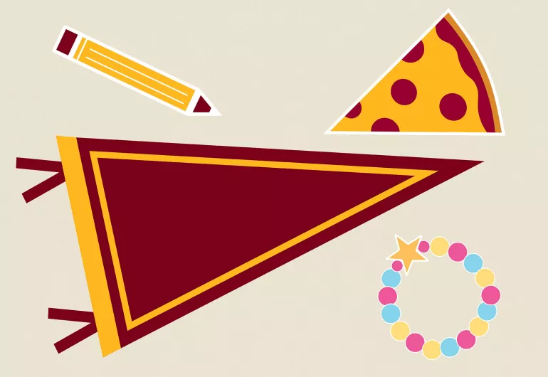 Illustration of a collegiate banner, pencil, craft and pizza