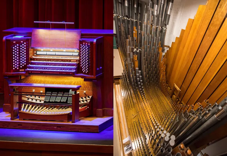 The Northrop organ and aerial view of organ pipes