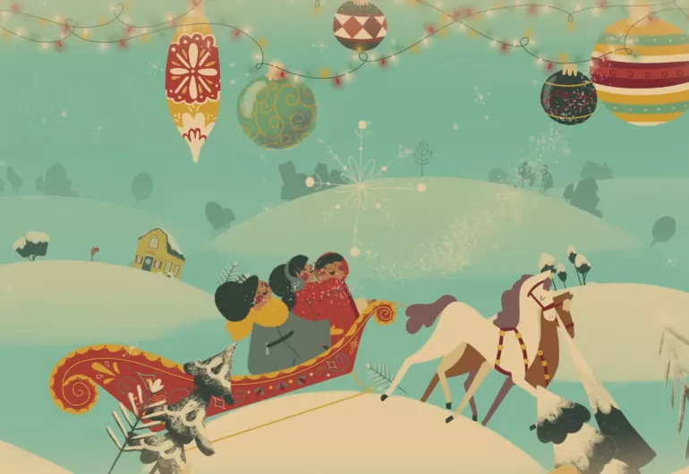 Colorful drawn figures of people bundled up in a red sleigh pulled by reindeer. Link to YouTube video.