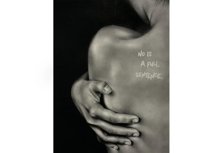 drawing of a woman's bare back and shoulder, the words "no is full sentence", hugging herself