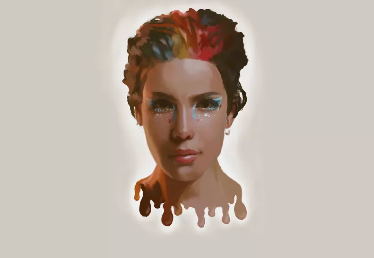painting of a woman's head from neck up, rainbow colored hair, sparkles around eyes, neckline in drips