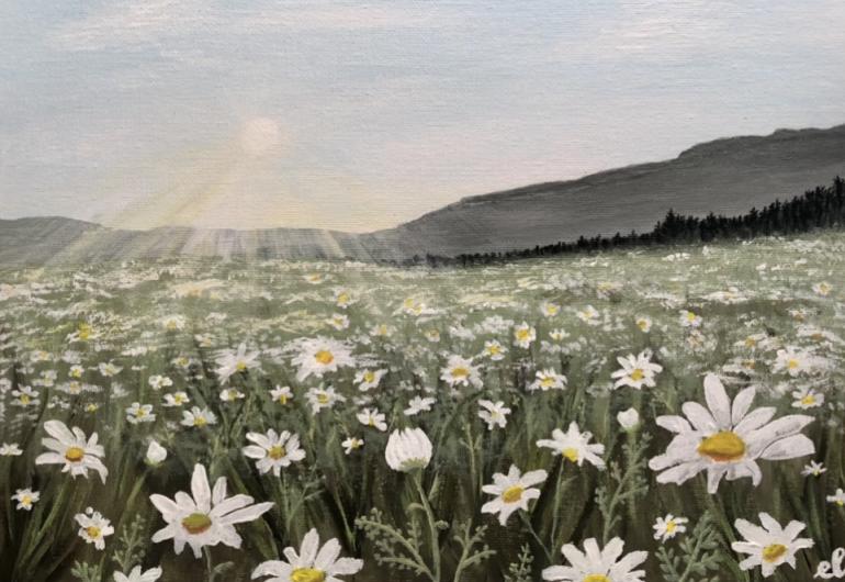 painting of a field of daisies with sun rays shining down and hills in the distance