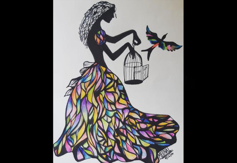 Drawing by Meenal Rathi - silhouette of a woman in a colorful skirt, holding a birdcage as a colorful bird flies out