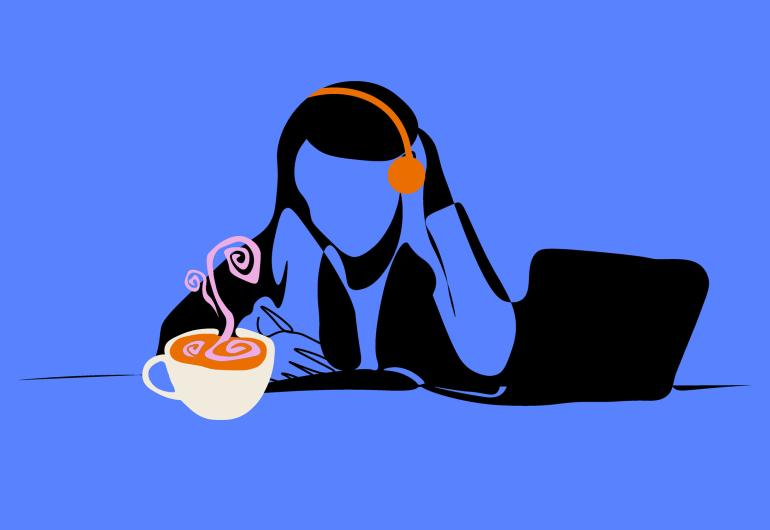 Black on blue Illustration of a student with orange headphones, in front of a laptop and white cup of steaming coffee