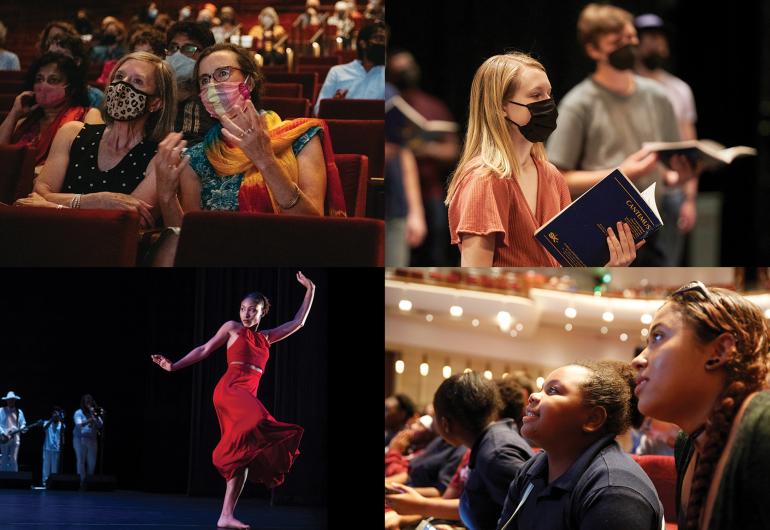  Collage of four images: audience in masks sitting in the theatre, singers wearing masks on the Northrop stage, dancer in a red dress with musicians behind her, faces of young people in the brightly lit theatre