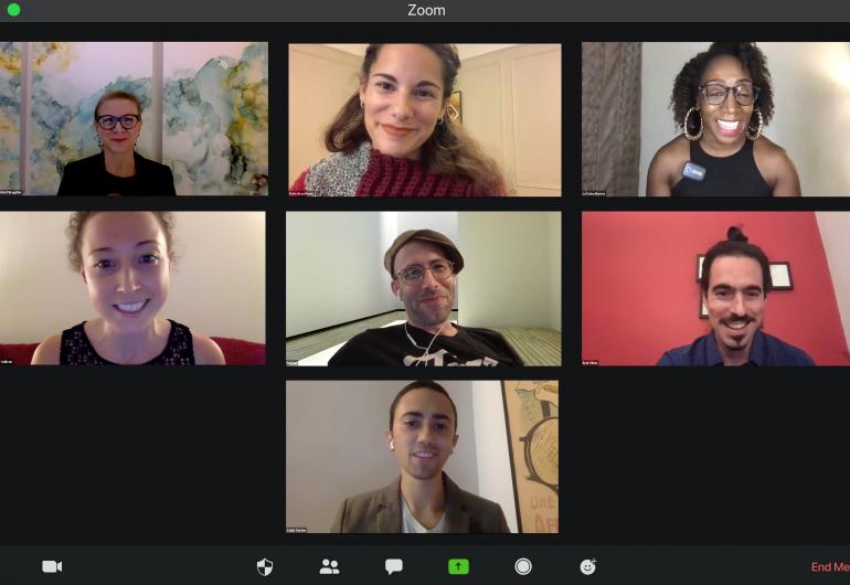 Zoom call with 6 smiling artists talking with Programming Director