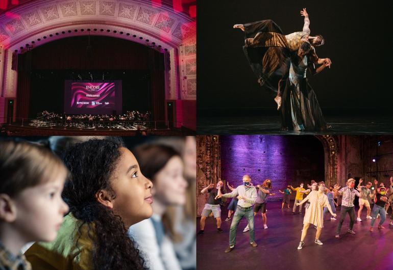 4 images clockwise from top left: Northrop Stage during Encore; Martha Graham Dance Company, public swing class at the Southern Theatre, profiles of childern looking at a presentation