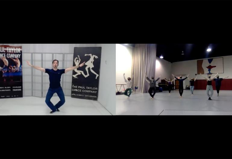 A screenshot from a zoom call shows a male dancer from Paul Taylor Dance Company on the left, and on the right is a classroom full of dancers following his instruction.