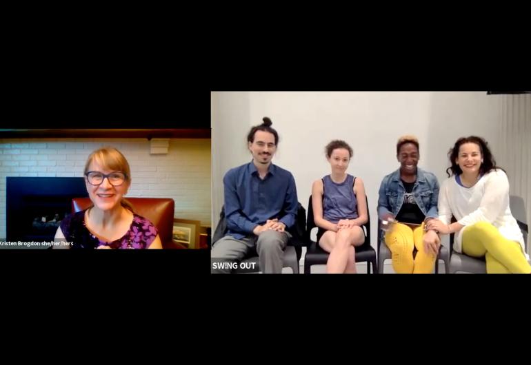 A photograph of a Zoom call with a woman in glasses and a purple and black blouse on the left side. On the right side sit four artists from the dance company SW!NG OUT. From left to right they are wearing gray pants and a blue button-down, a purple tank top and black shorts, yellow pants and a jean jacket, and yellow leggings and a white blouse.