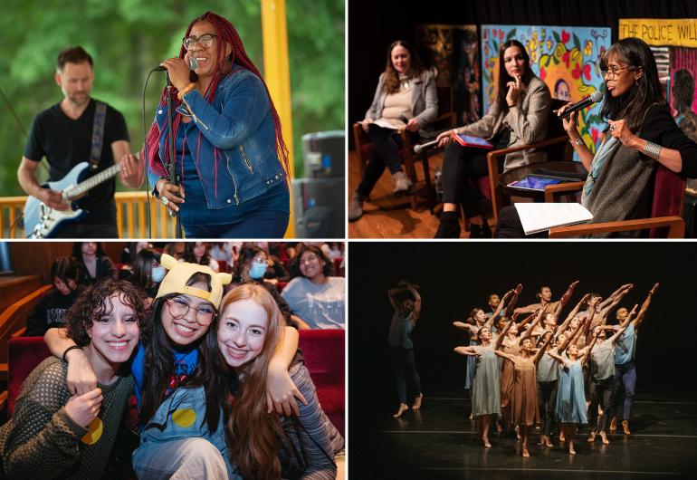 4 images clockwise from top left: a woman sings at outdoor concert; three women form a panel during a lecture series, three students wrap their arms around each other and smile from their theater seats, the Limon dance company performs on stage.