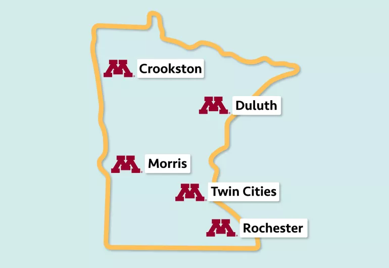 Outline of the state of Minnesota with UMN campuses labeled for Crookston, Duluth, Morris, Twin Cities, and Rochester.