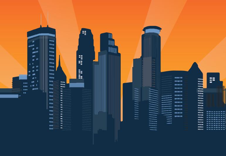 Illustration of the Minneapolis skyline against an orange background with lighter orange sun rays