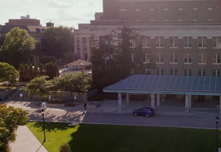 Outside the East entrance of Northrop. Opens video for Getting to Northrop.