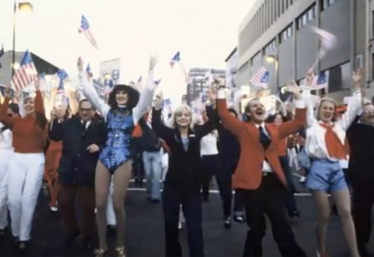 Dancers gathered on Hennepin Ave in 1981