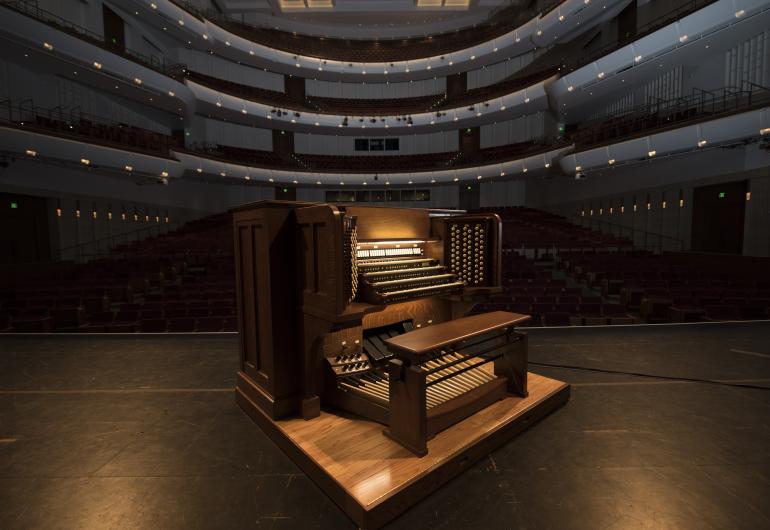 The Northrop pipe organ on the stage with the balconies in the background.