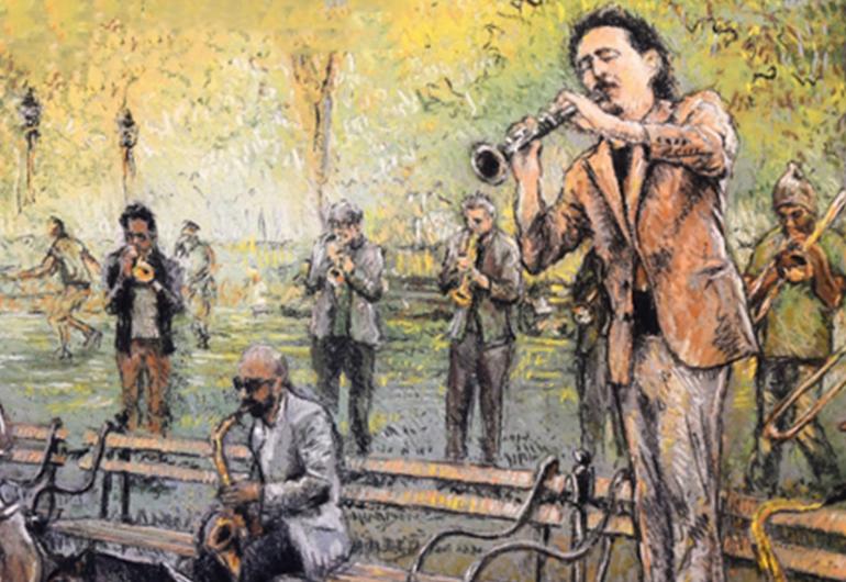 Painting of people playing instruments in Washington Square Park