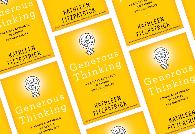 A repeating pattern of yellow books, all with the title, "Generous Thinking" by Kathleen Fitzpatrick.