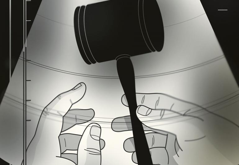 A drawn image of two hands holding a gavel in front of thin-crossed lines which look like a graph. 